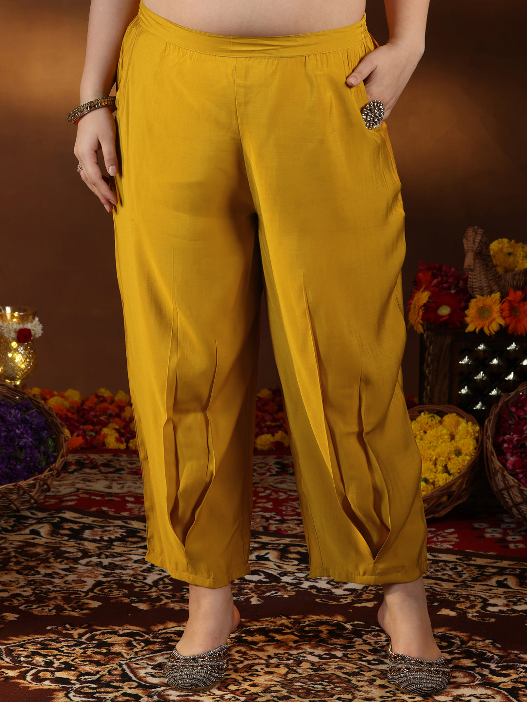 Plus Size Yellow Yoke Design Silk Blend Straight Suit With Dupatta
