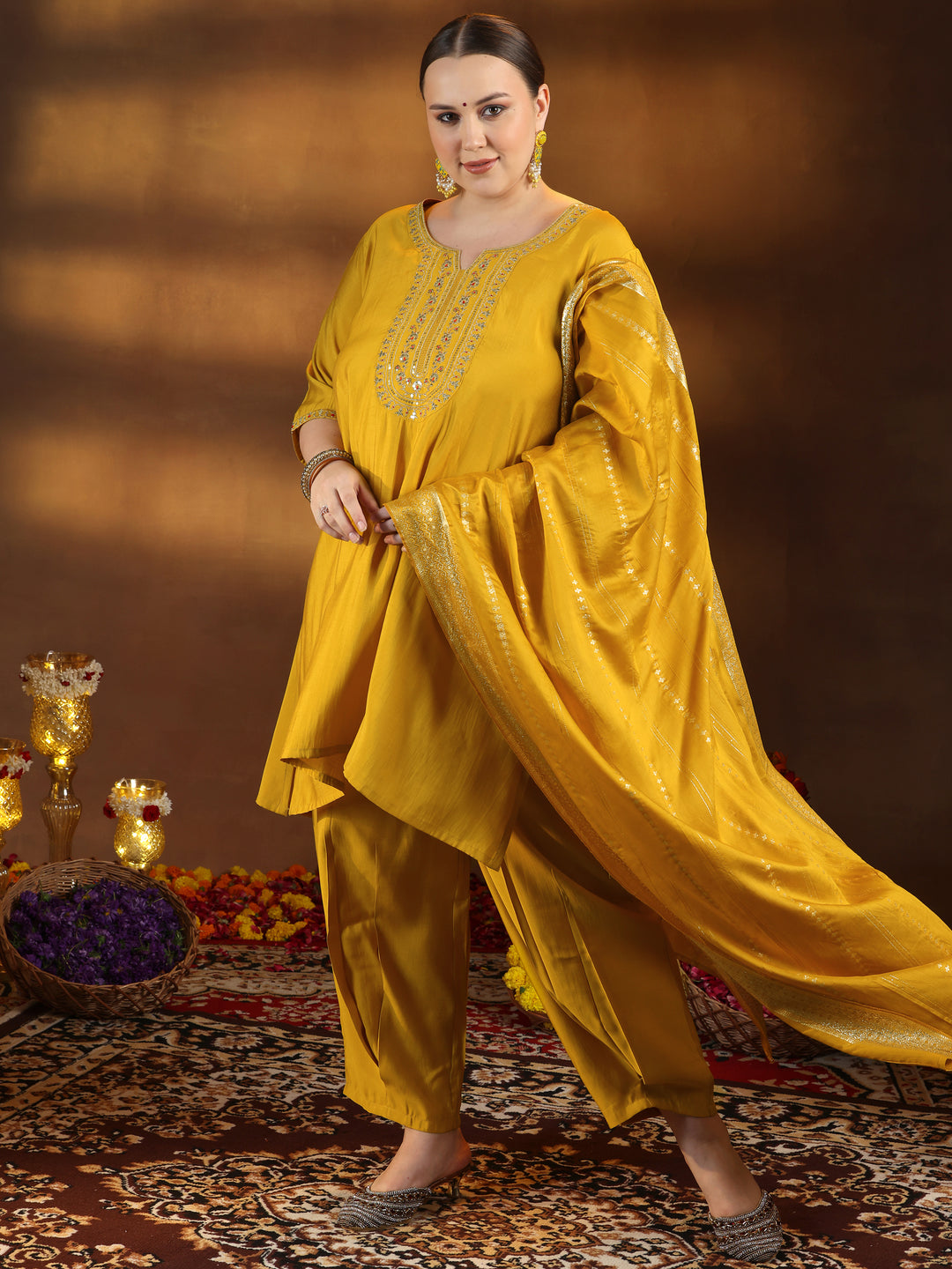 Plus Size Yellow Yoke Design Silk Blend Straight Suit With Dupatta