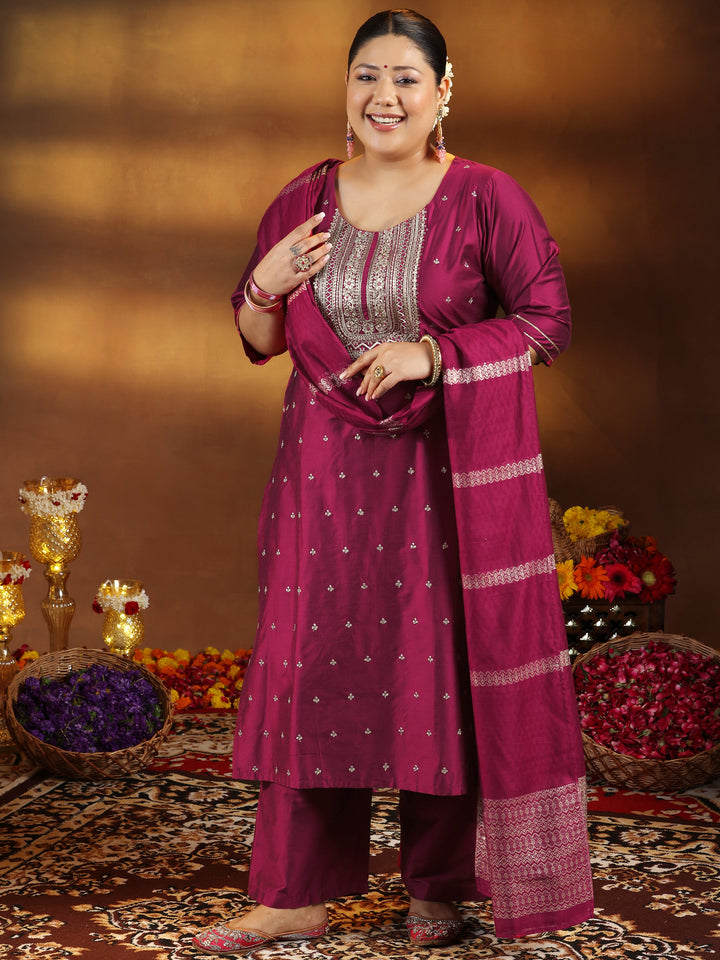 Plus Size Pink Embroidered Silk Blend Straight Suit With Dupatta