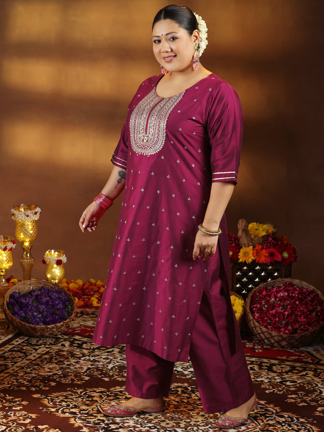 Plus Size Pink Embroidered Silk Blend Straight Suit With Dupatta