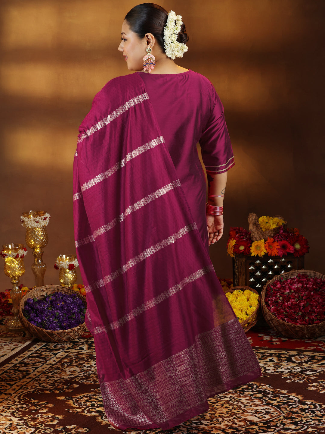 Plus Size Pink Embroidered Silk Blend Straight Suit With Dupatta