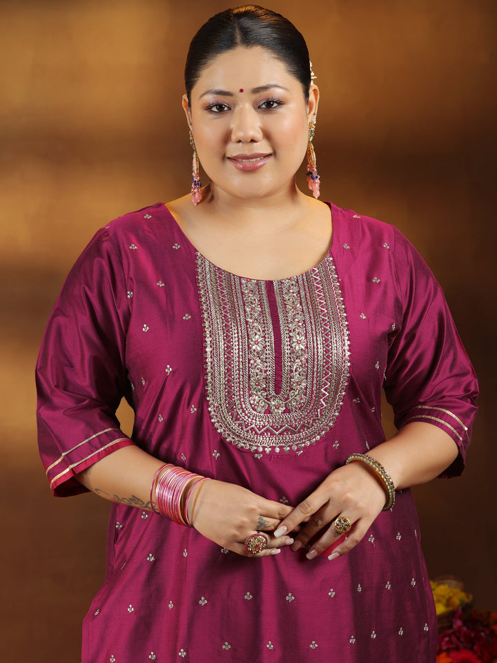 Plus Size Pink Embroidered Silk Blend Straight Suit With Dupatta