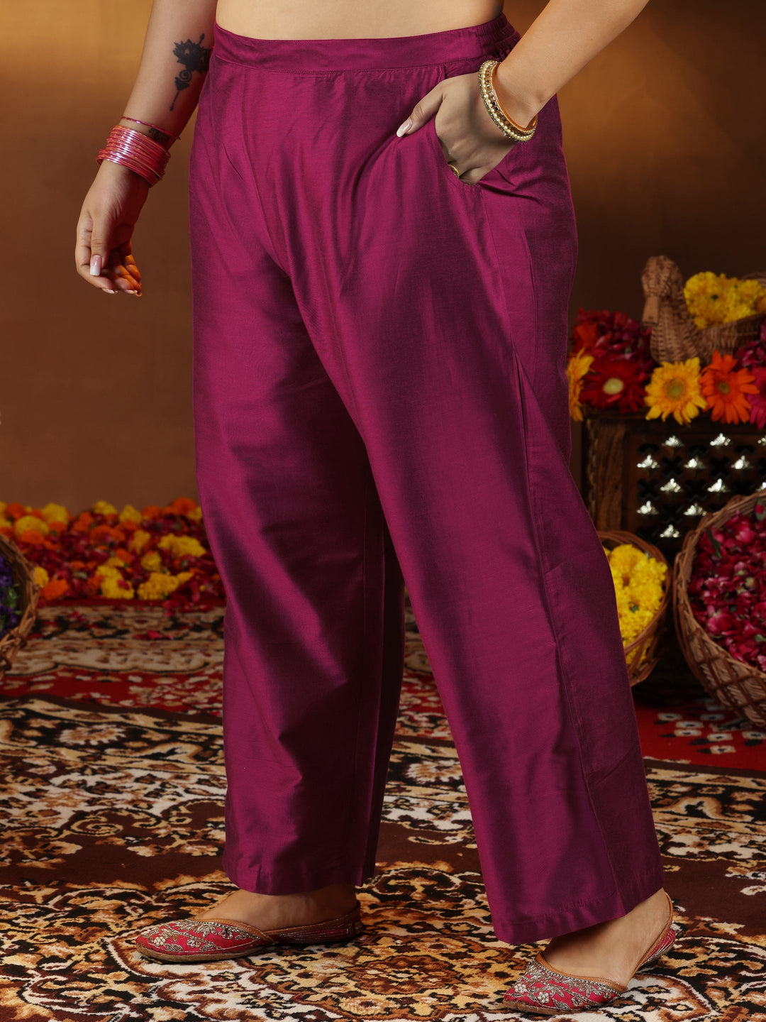 Plus Size Pink Embroidered Silk Blend Straight Suit With Dupatta