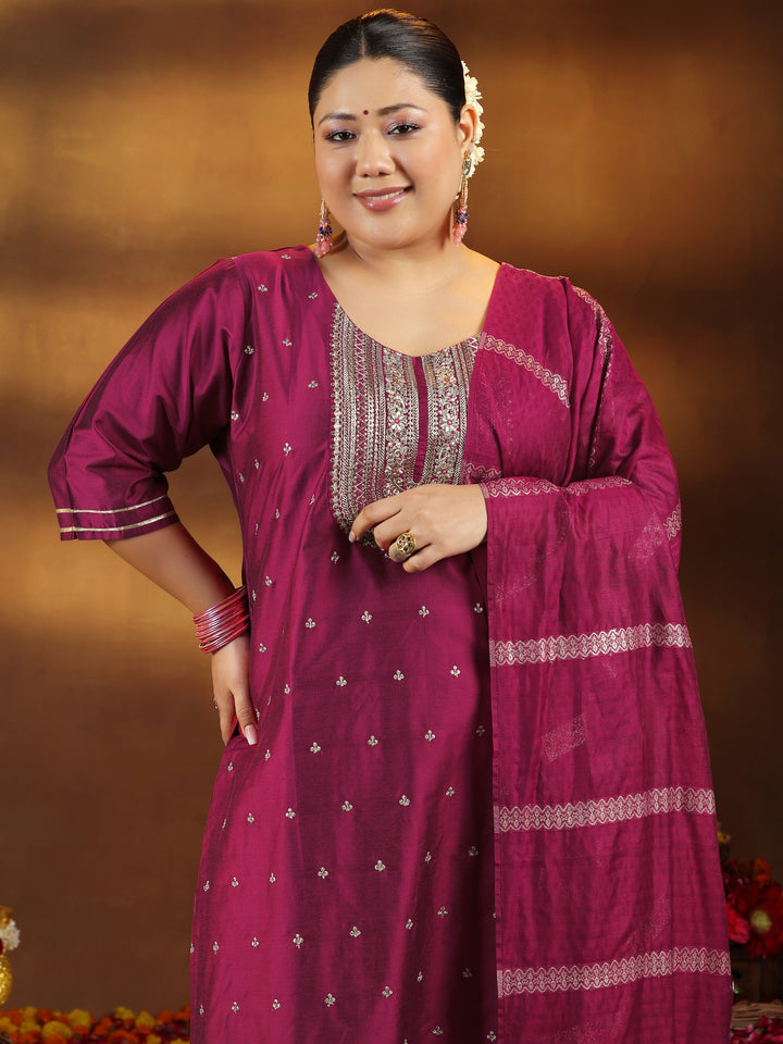 Plus Size Pink Embroidered Silk Blend Straight Suit With Dupatta