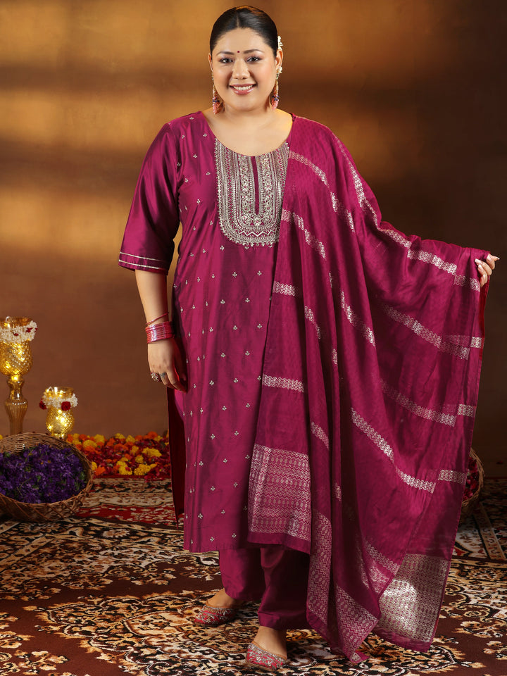 Plus Size Pink Embroidered Silk Blend Straight Suit With Dupatta