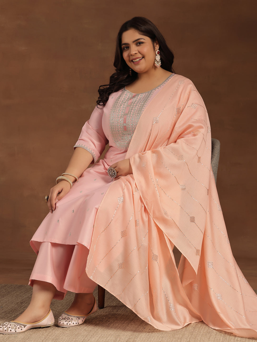 Plus Size Pink Embroidered Silk Blend Straight Suit With Dupatta