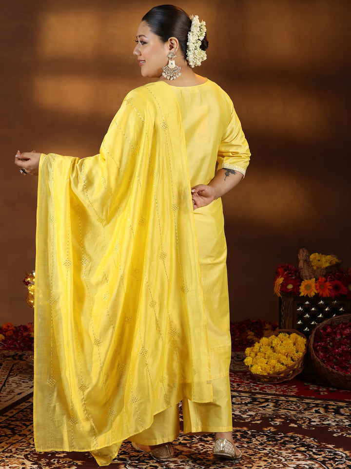 Plus Size Yellow Embroidered Silk Blend Straight Suit With Dupatta
