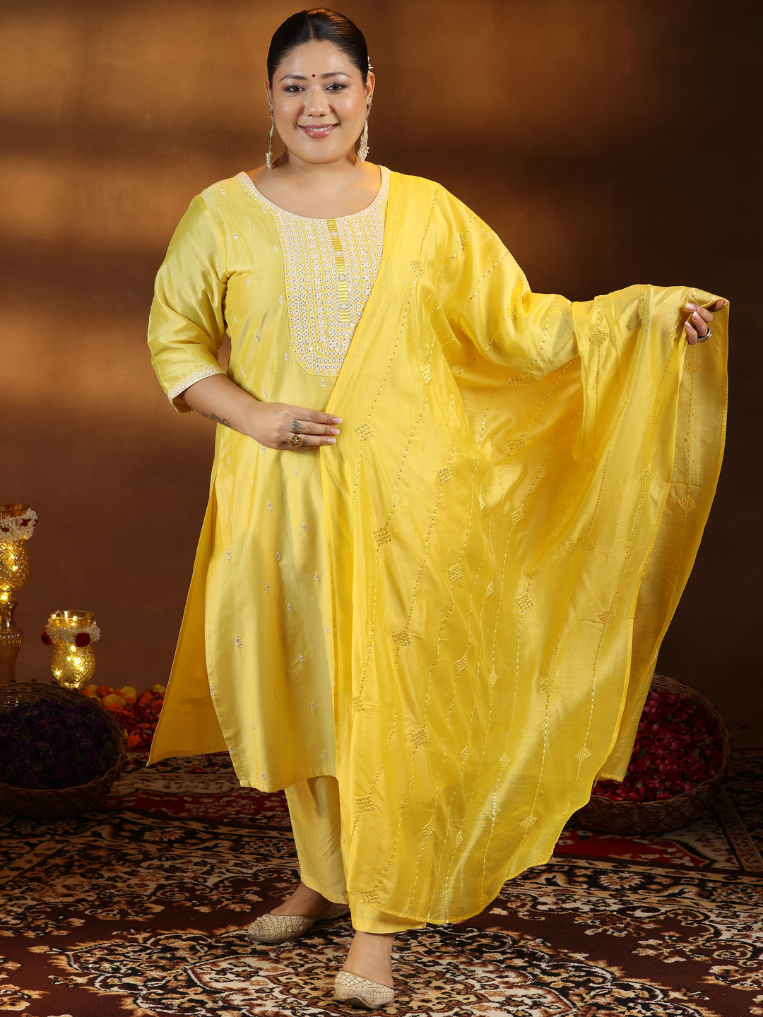 Plus Size Yellow Embroidered Silk Blend Straight Suit With Dupatta