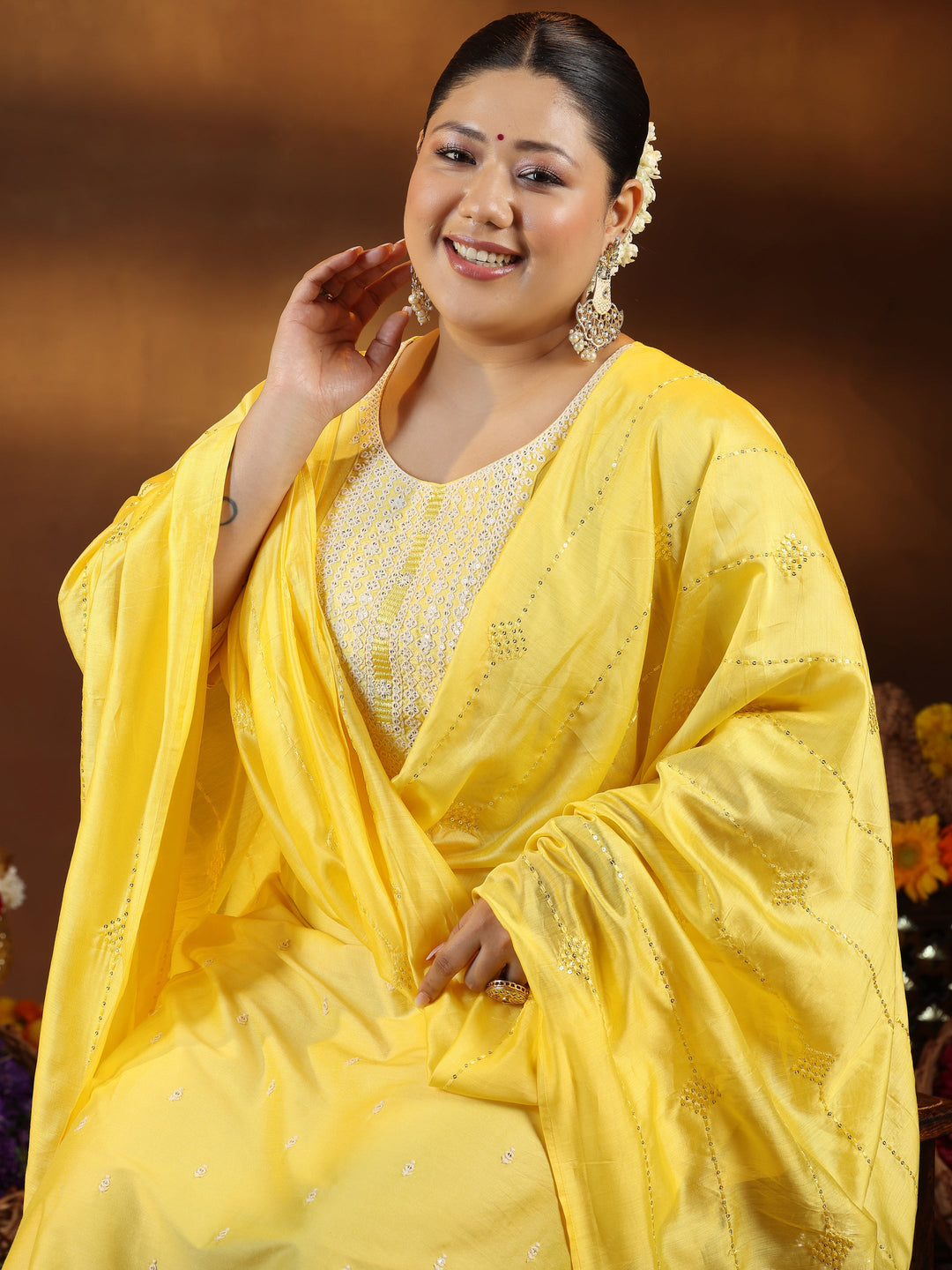 Plus Size Yellow Embroidered Silk Blend Straight Suit With Dupatta