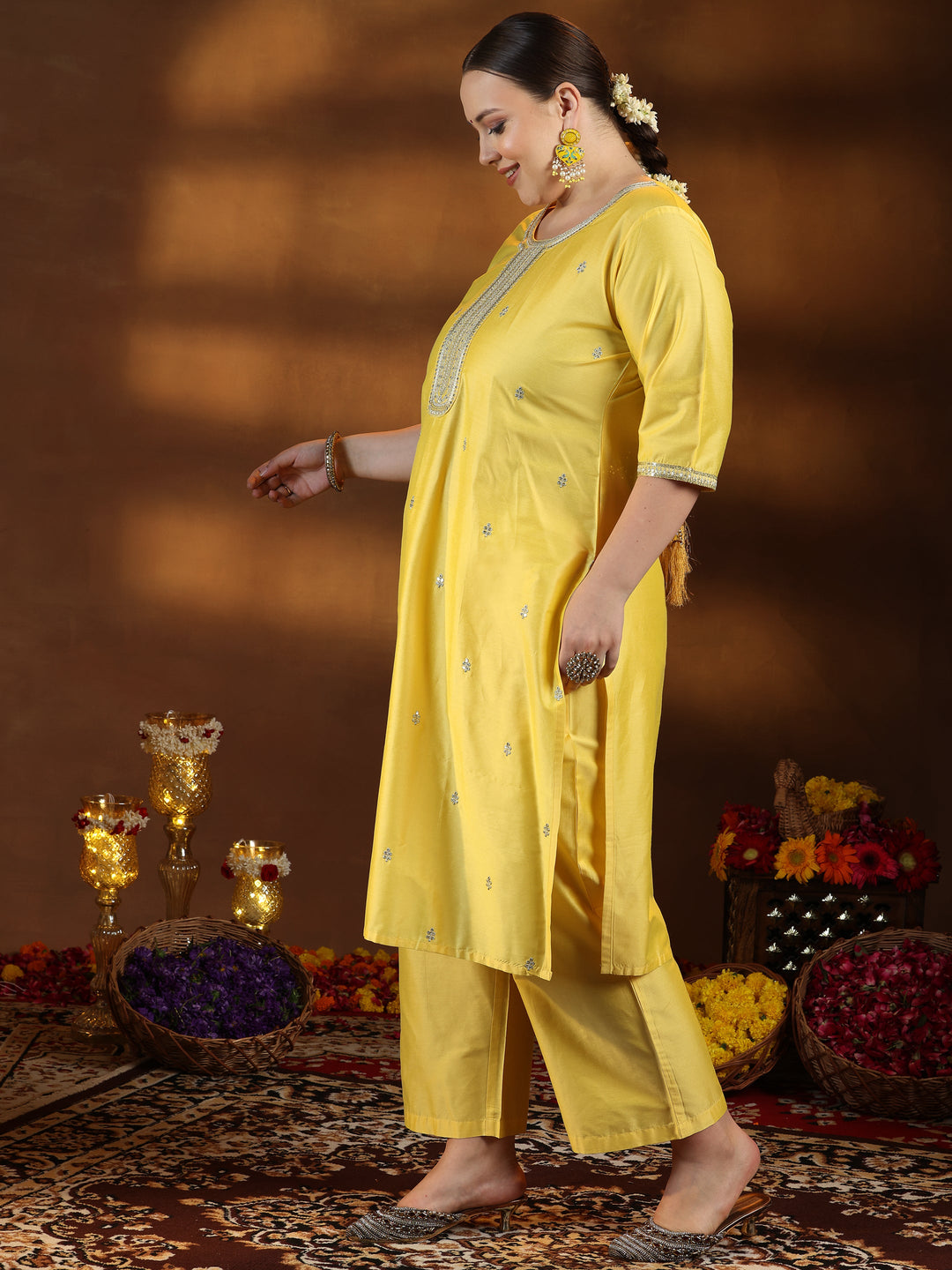 Plus Size Yellow Embroidered Silk Blend Straight Suit With Dupatta