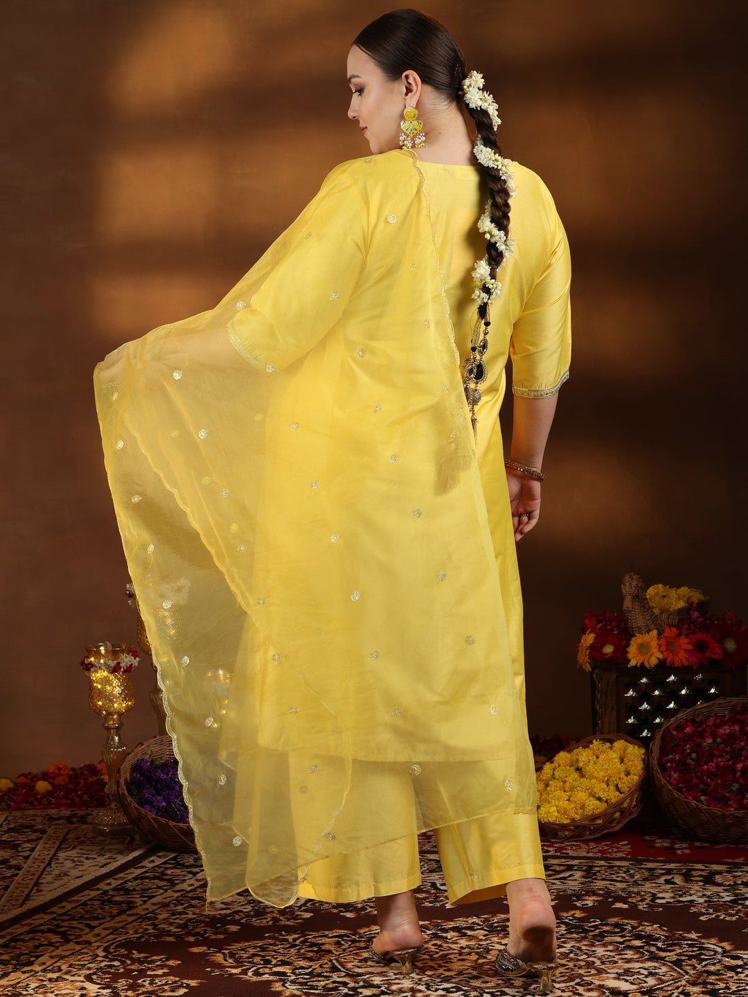 Plus Size Yellow Embroidered Silk Blend Straight Suit With Dupatta