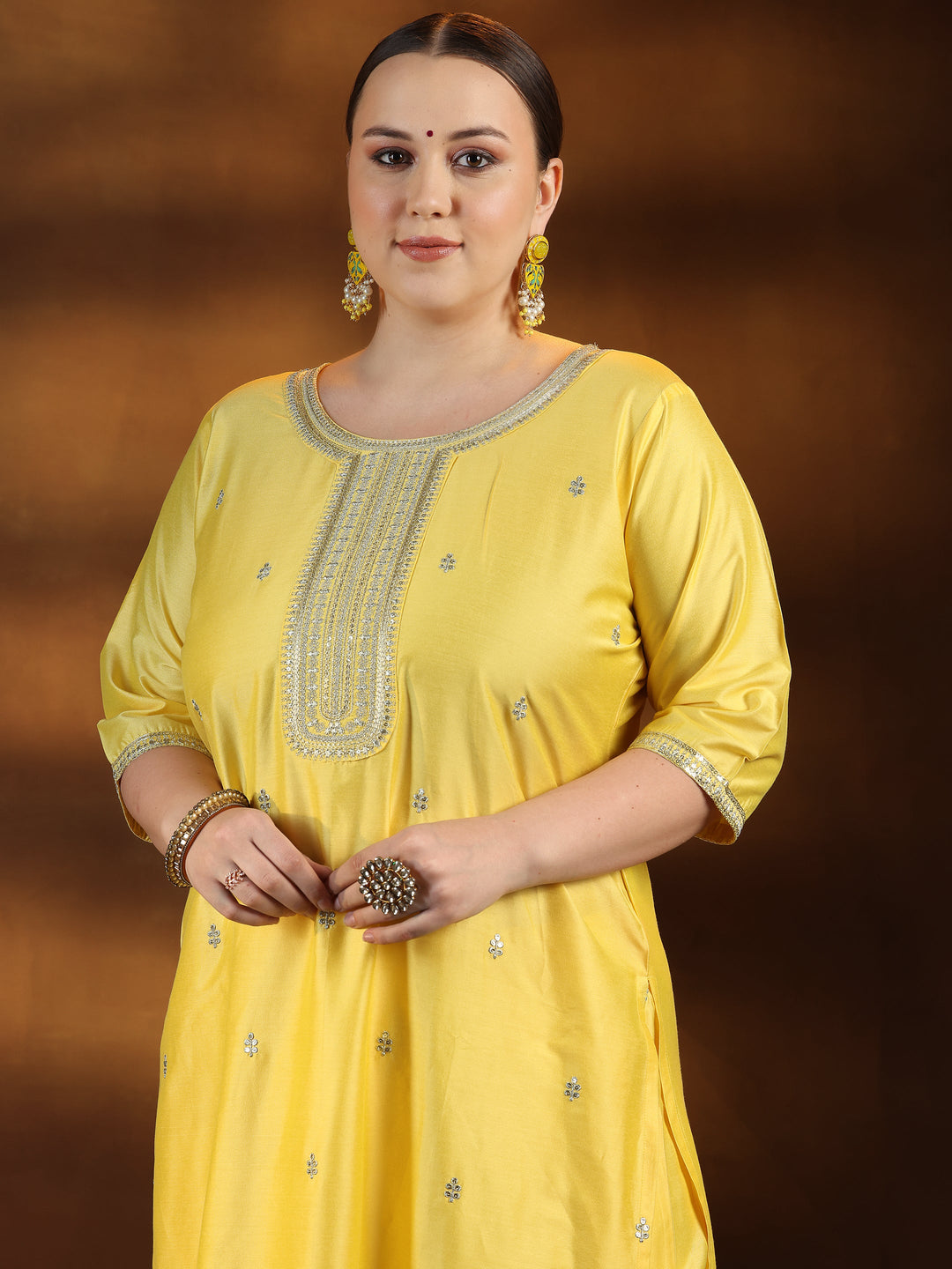 Plus Size Yellow Embroidered Silk Blend Straight Suit With Dupatta
