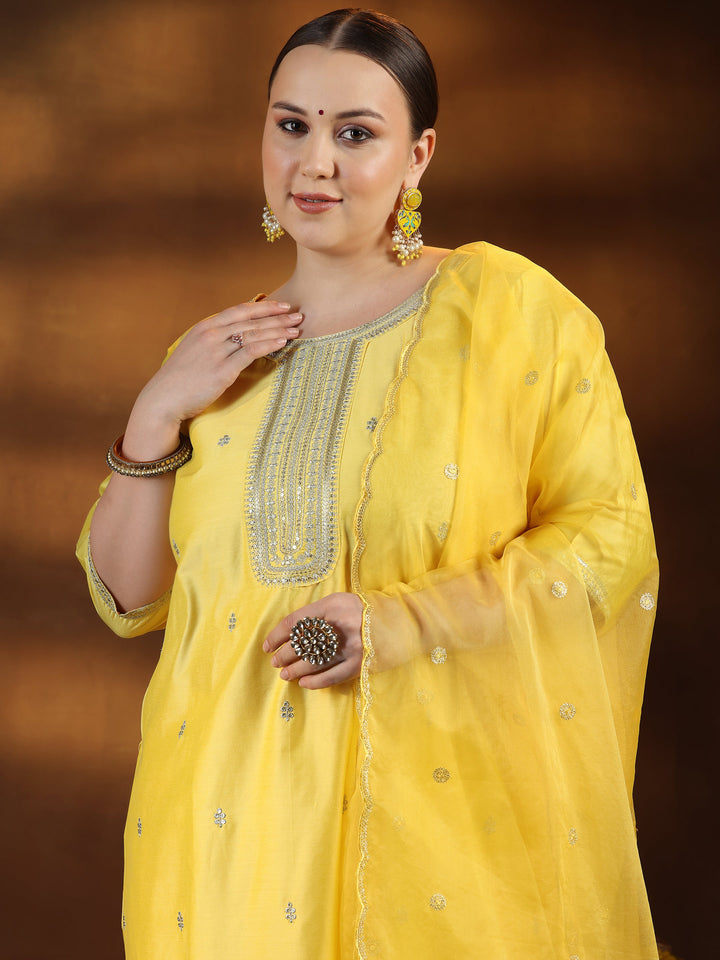 Plus Size Yellow Embroidered Silk Blend Straight Suit With Dupatta