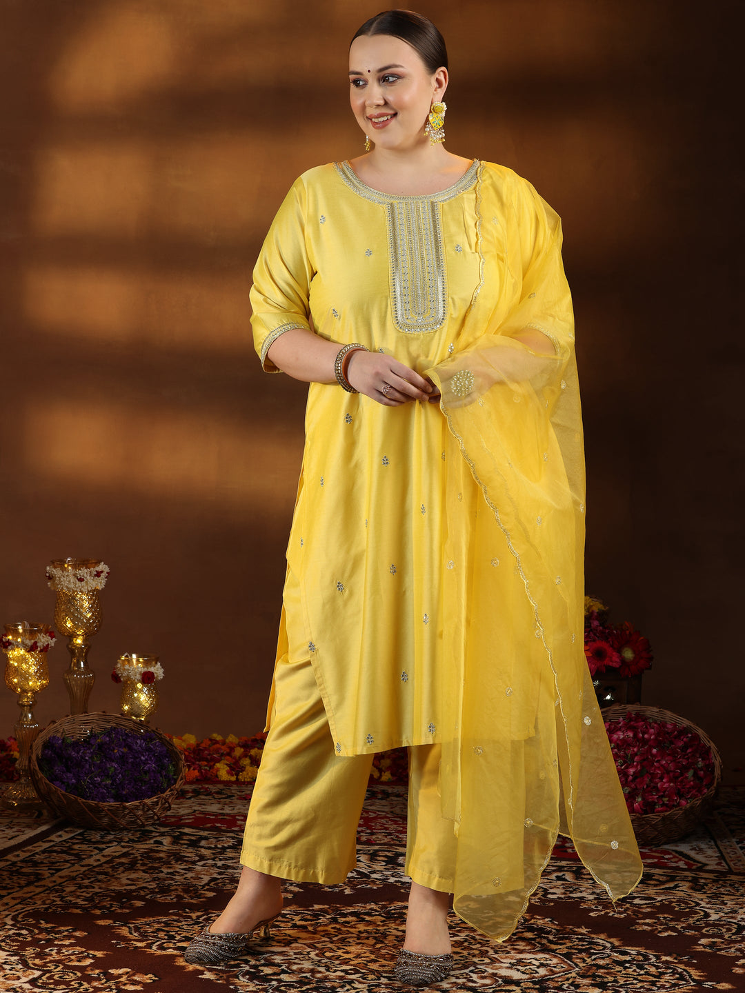 Plus Size Yellow Embroidered Silk Blend Straight Suit With Dupatta