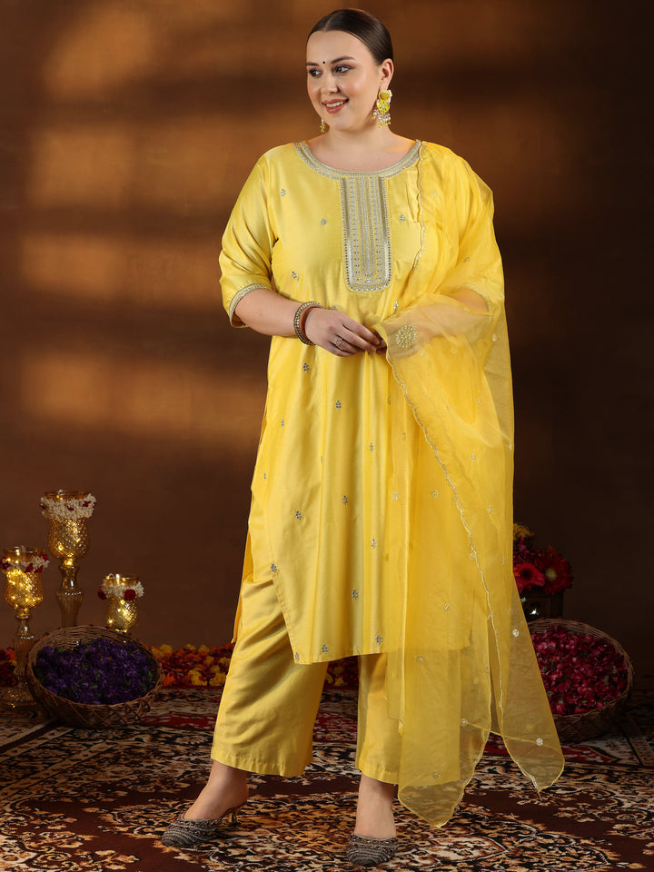 Plus Size Yellow Embroidered Silk Blend Straight Suit With Dupatta
