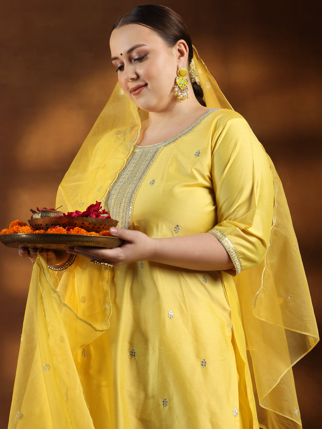 Plus Size Yellow Embroidered Silk Blend Straight Suit With Dupatta