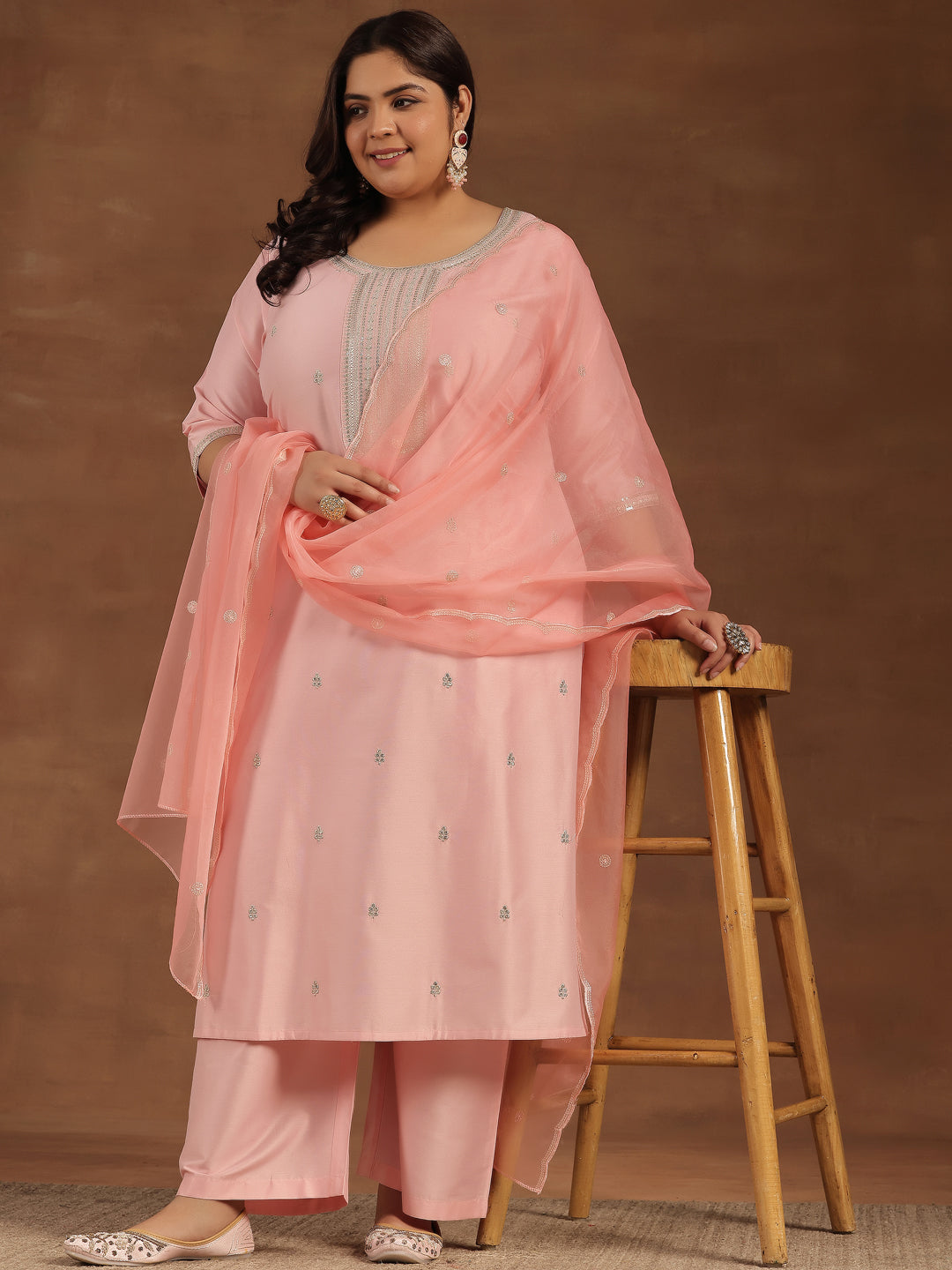 Plus Size Pink Embroidered Silk Blend Straight Suit With Dupatta