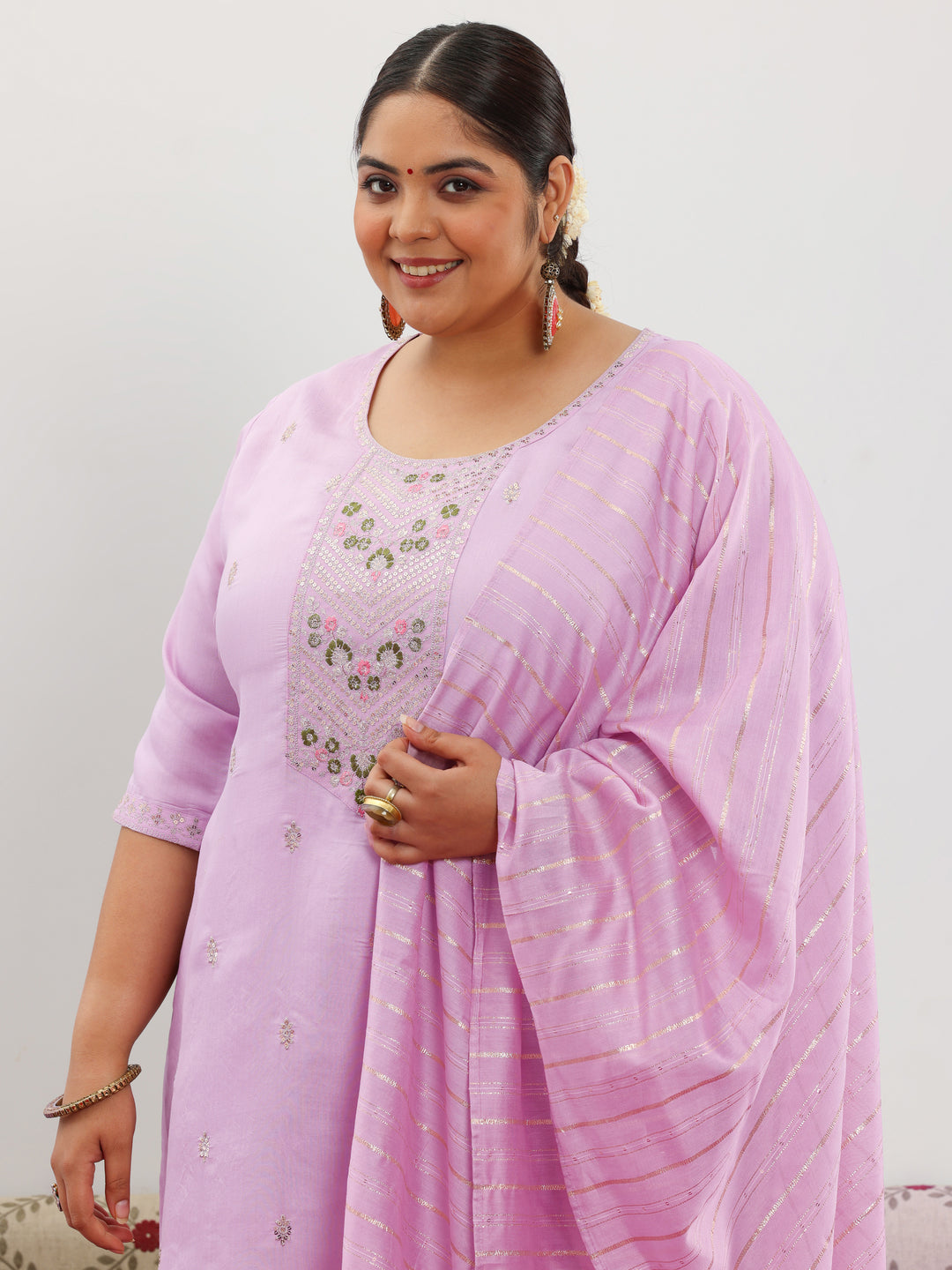 Plus Size Lilac Embroidered Silk Blend Straight Suit With Dupatta