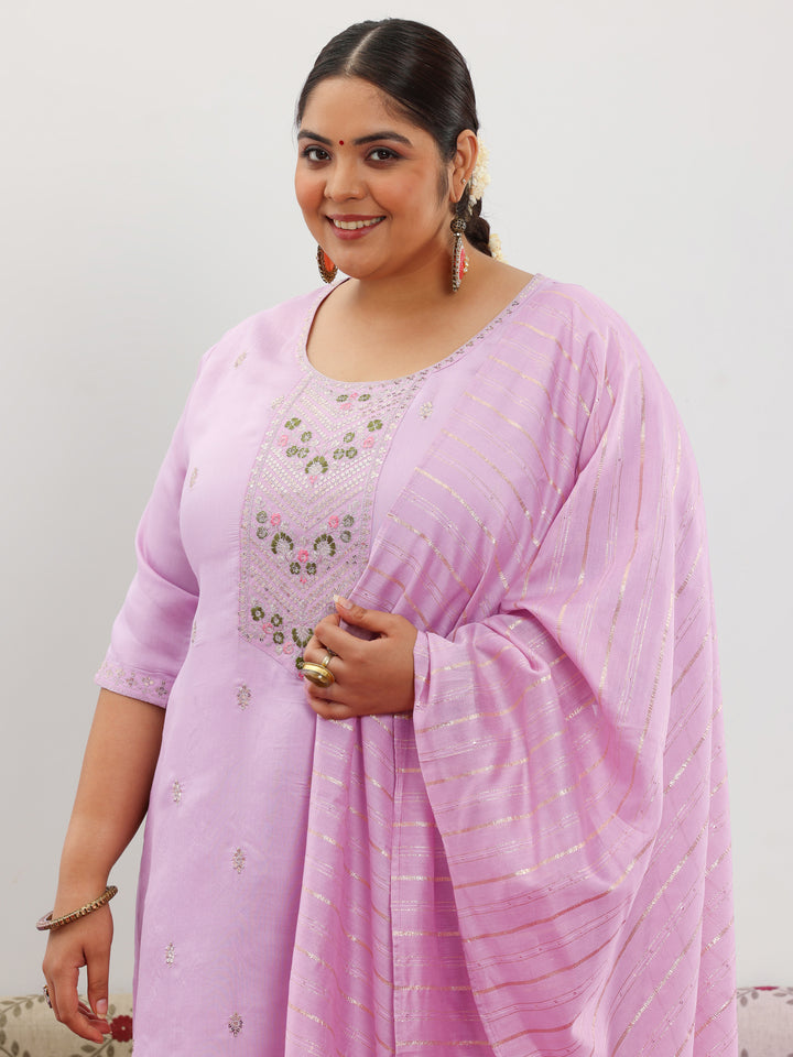 Plus Size Lilac Embroidered Silk Blend Straight Suit With Dupatta