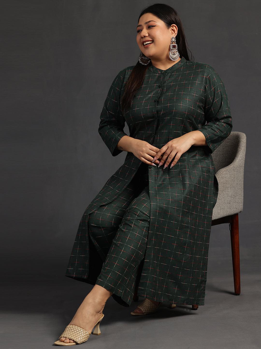 Plus Size Green Self Design Cotton Straight Kurta Set