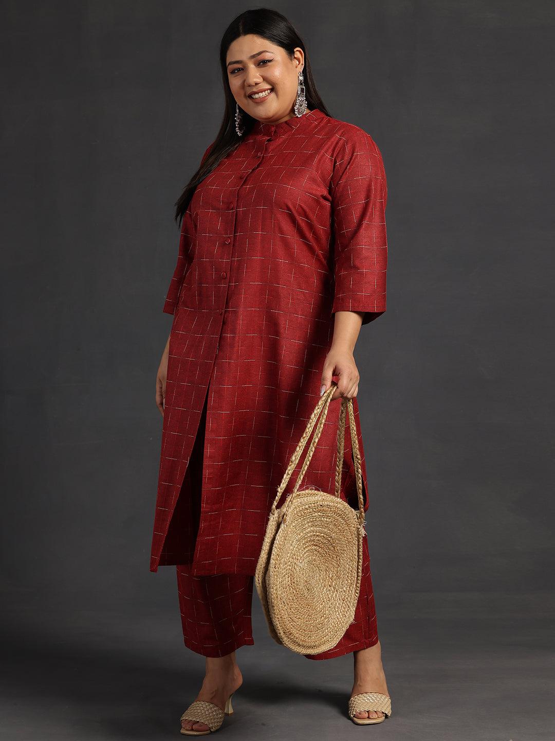Plus Size Maroon Self Design Cotton Straight Kurta Set