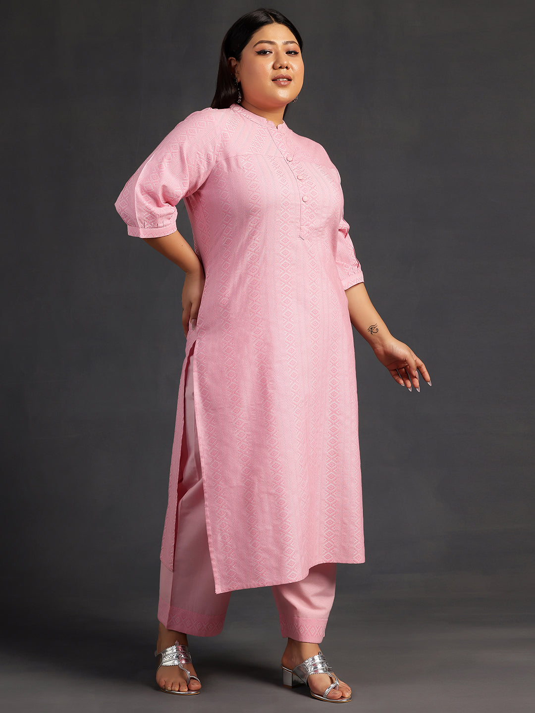 Plus Size Pink Self Design Cotton Straight Kurta Set