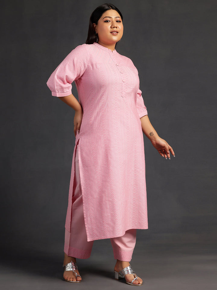 Plus Size Pink Self Design Cotton Straight Kurta Set
