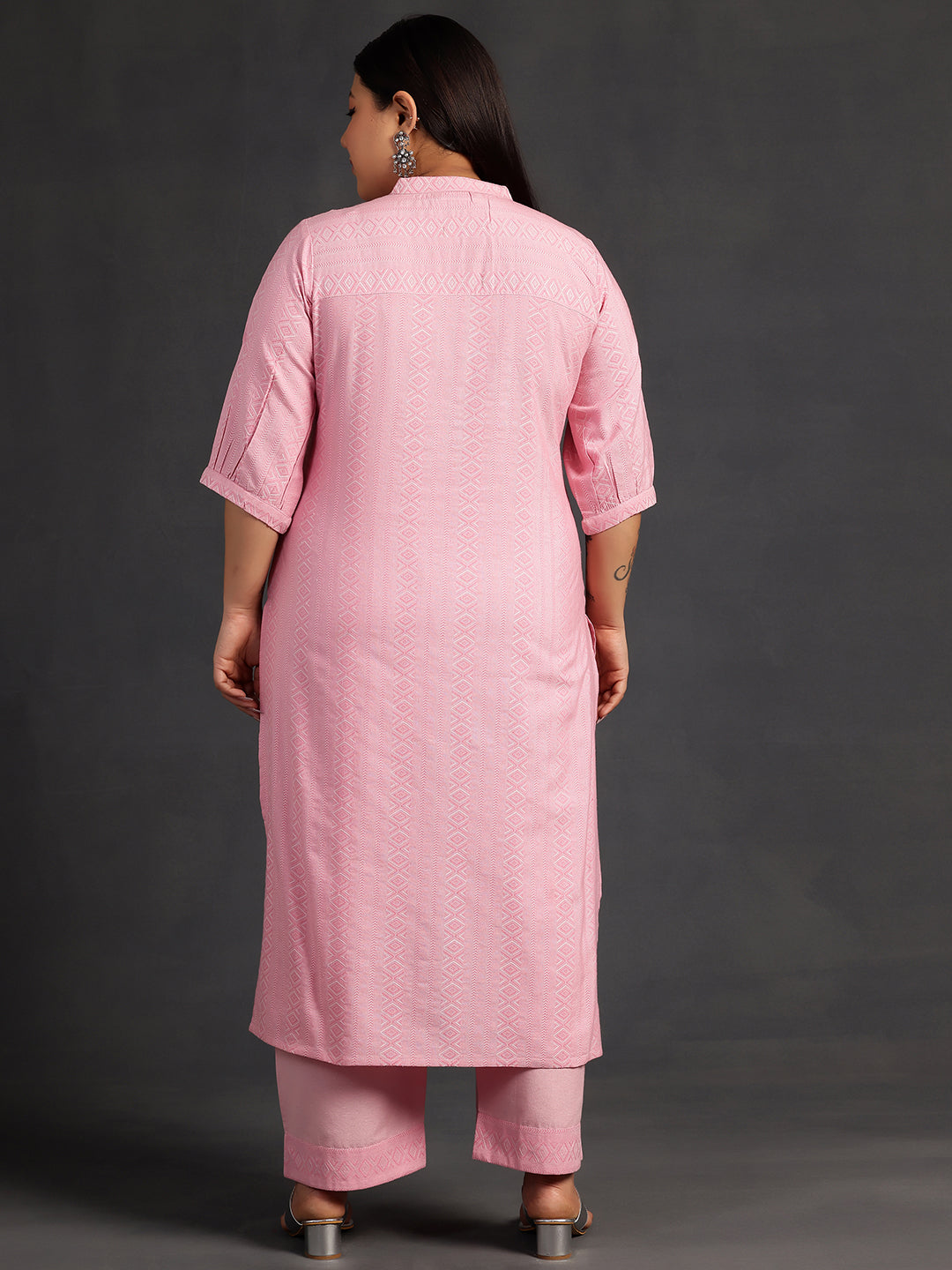 Plus Size Pink Self Design Cotton Straight Kurta Set