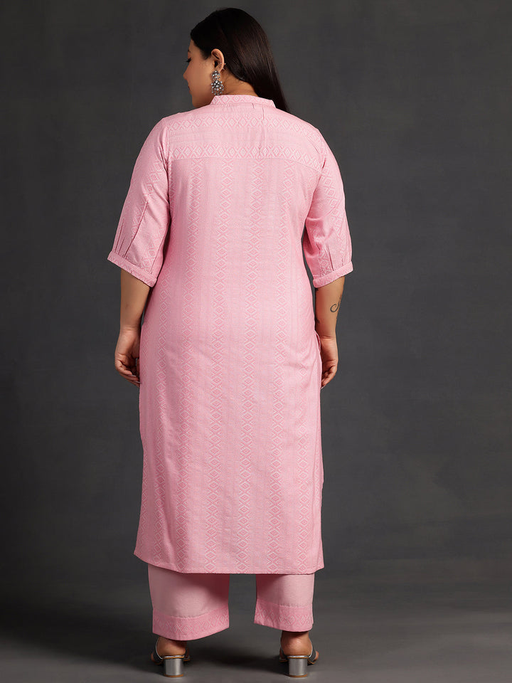 Plus Size Pink Self Design Cotton Straight Kurta Set