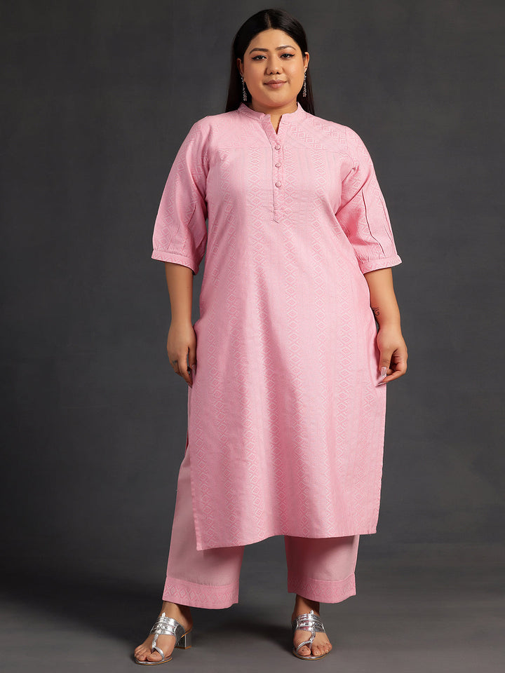 Plus Size Pink Self Design Cotton Straight Kurta Set