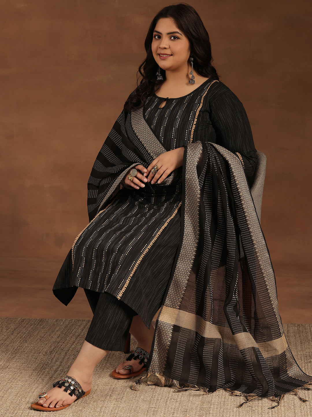 Plus Size Black Self Design Cotton Blend Straight Suit With Dupatta