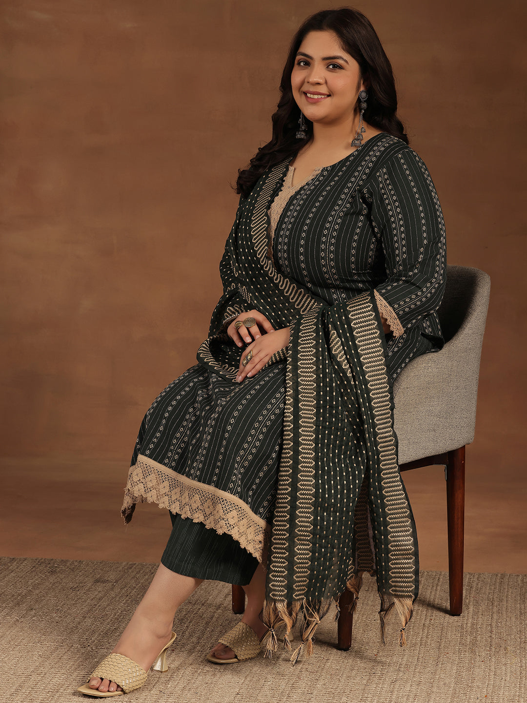 Plus Size Green Self Design Cotton Blend Straight Suit With Dupatta