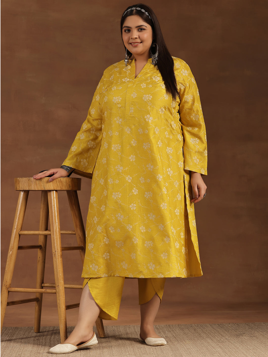 Plus Size Mustard Printed Silk Blend Straight Kurta Set