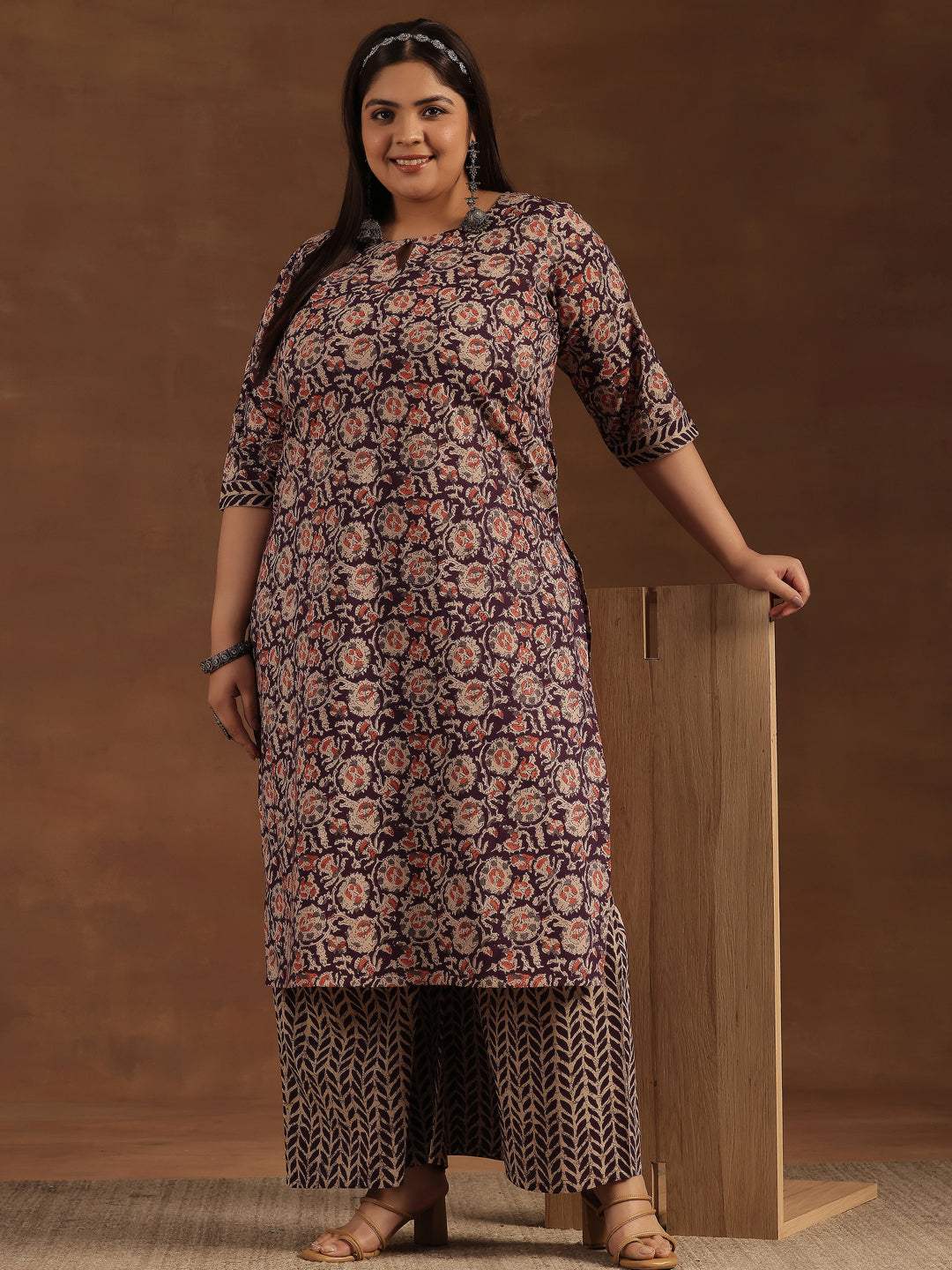 Plus Size Purple Printed Cotton Straight Kurta Set