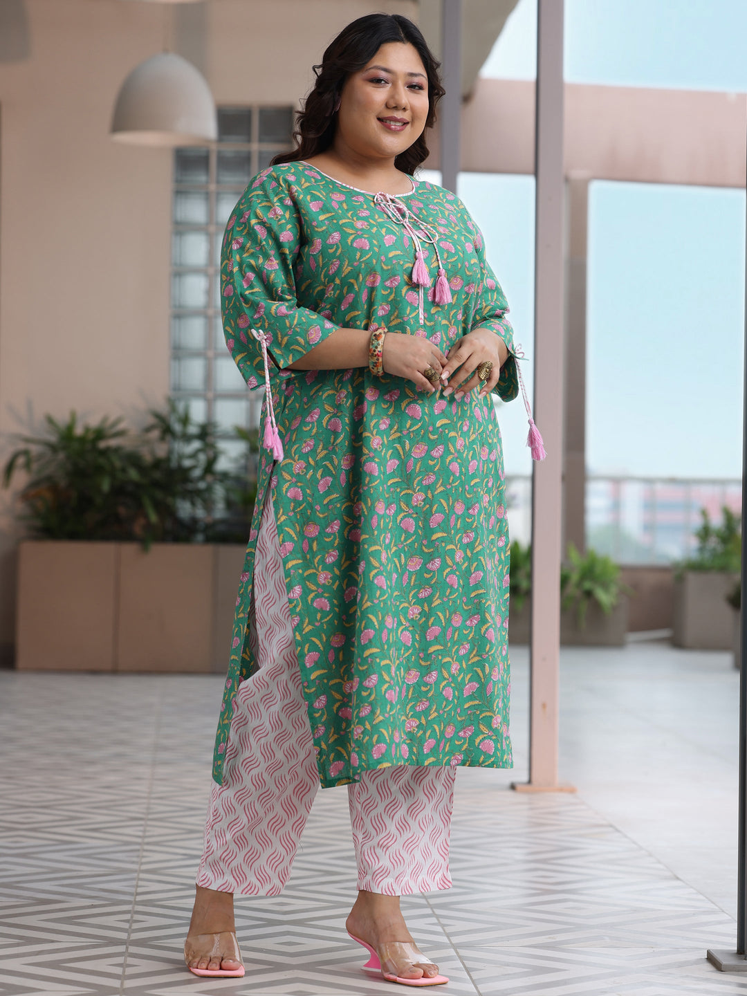 Plus Size Green Printed Cotton Straight Suit With Dupatta