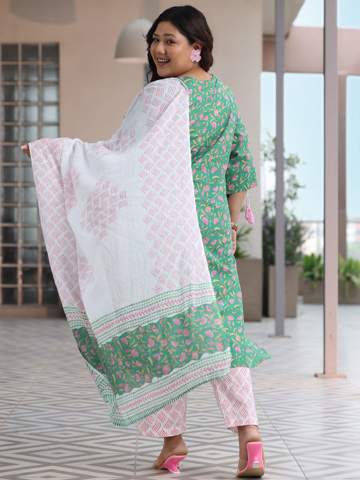 Plus Size Green Printed Cotton Straight Suit With Dupatta