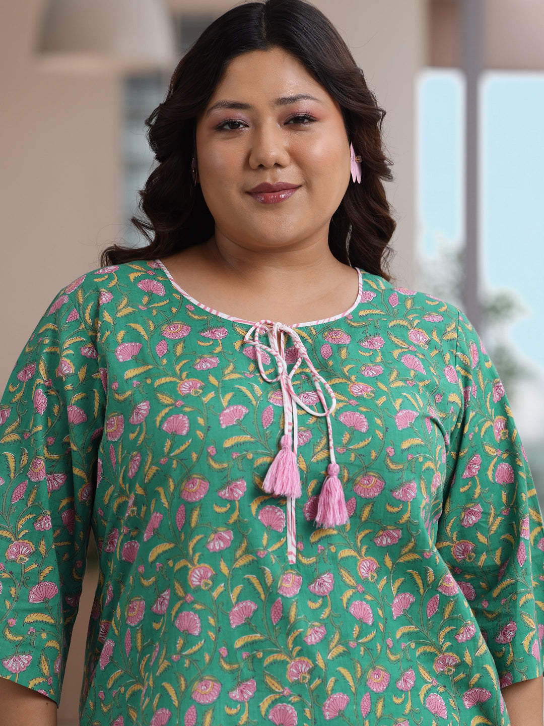 Plus Size Green Printed Cotton Straight Suit With Dupatta