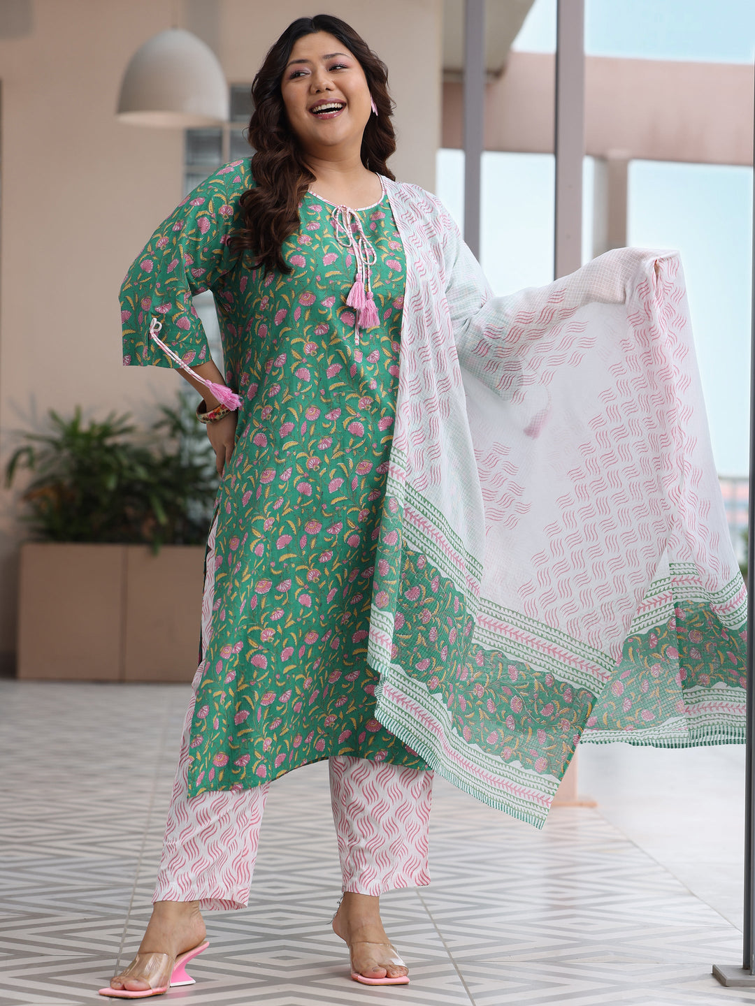 Plus Size Green Printed Cotton Straight Suit With Dupatta