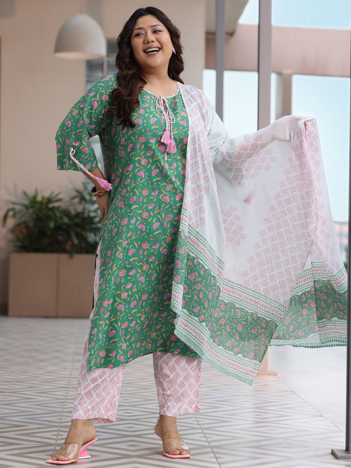 Plus Size Green Printed Cotton Straight Suit With Dupatta