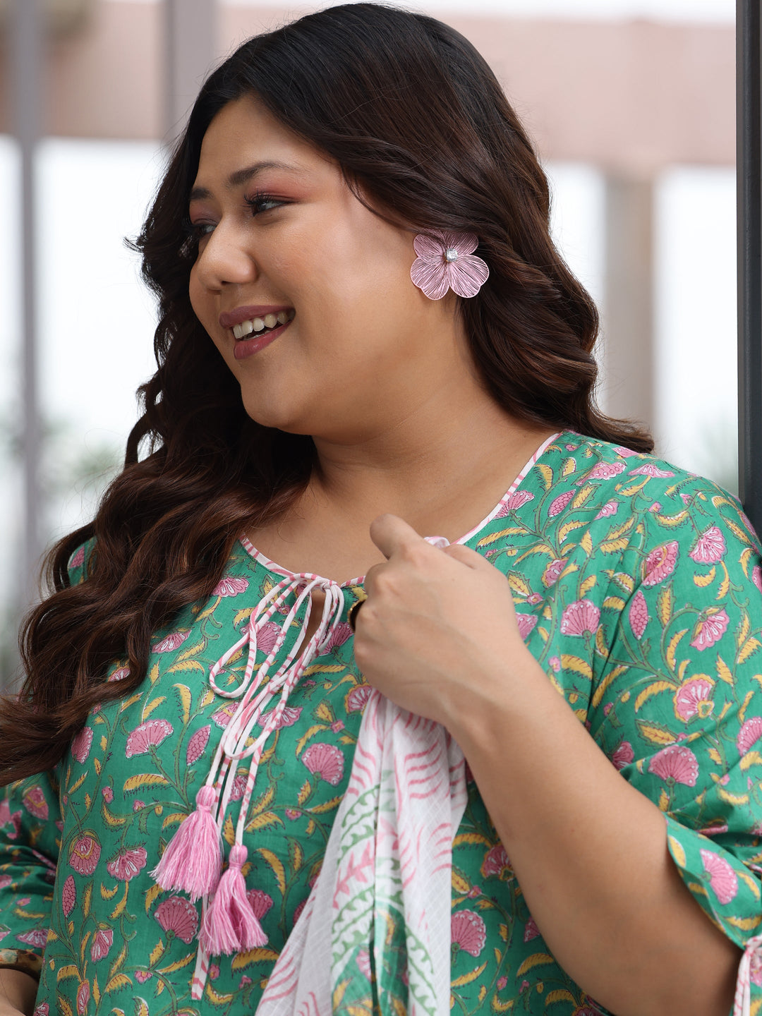 Plus Size Green Printed Cotton Straight Suit With Dupatta