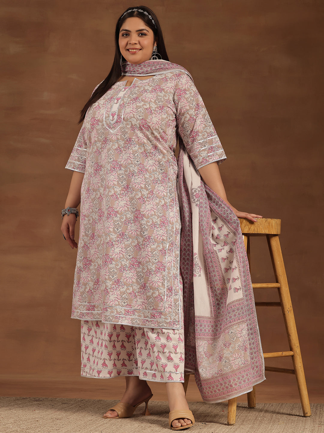 Plus Size Pink Printed Cotton Straight Suit With Dupatta