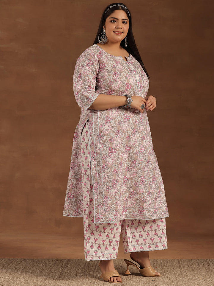 Plus Size Pink Printed Cotton Straight Suit With Dupatta