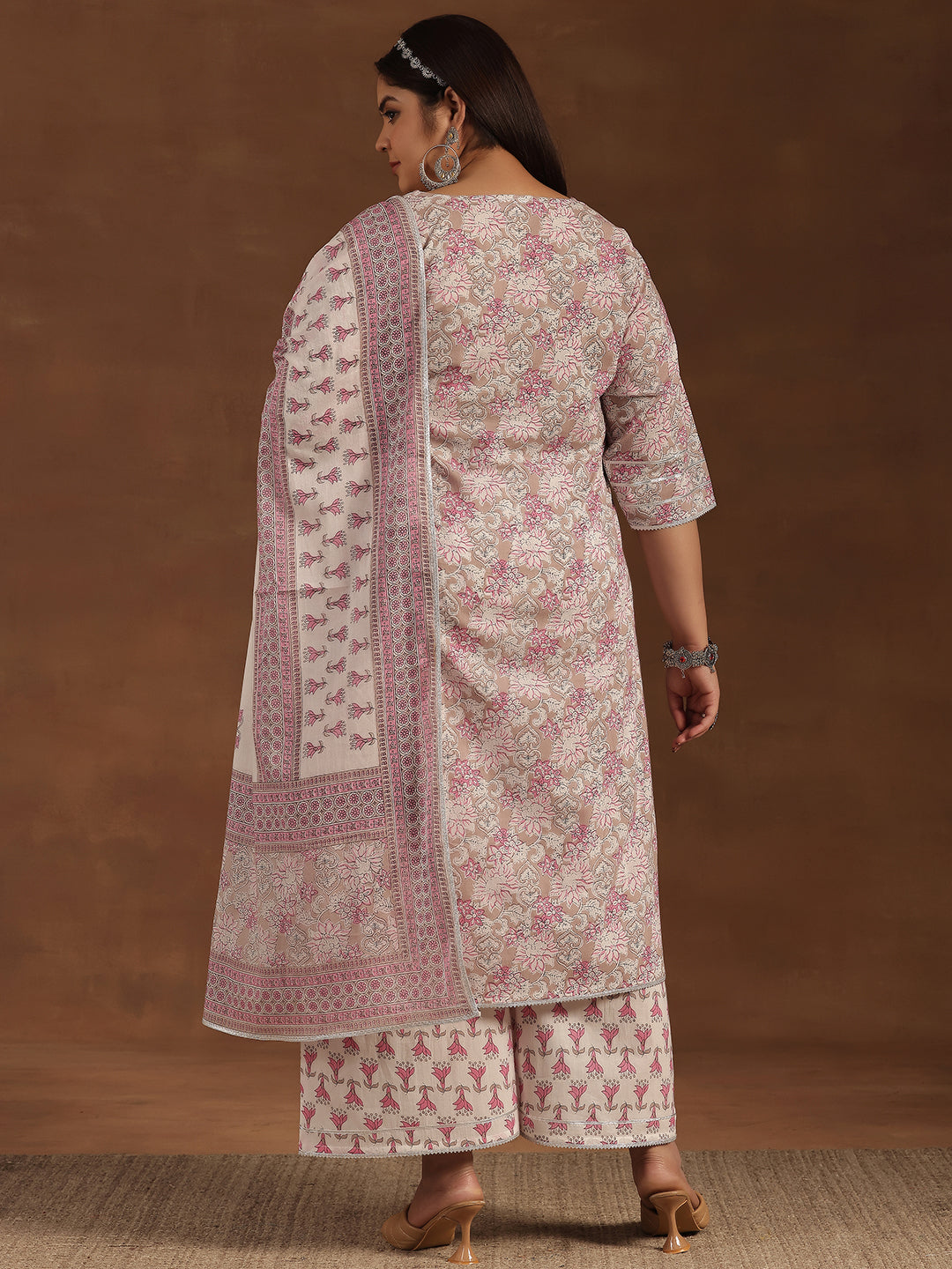 Plus Size Pink Printed Cotton Straight Suit With Dupatta