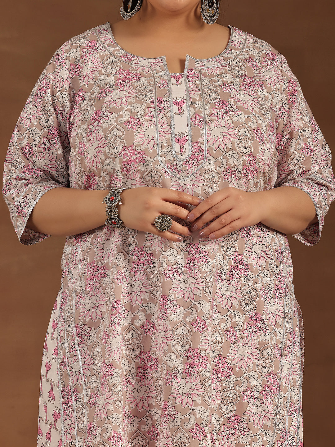 Plus Size Pink Printed Cotton Straight Suit With Dupatta