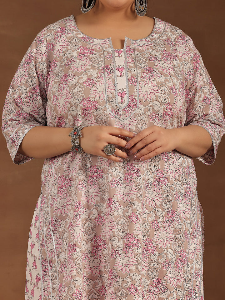 Plus Size Pink Printed Cotton Straight Suit With Dupatta