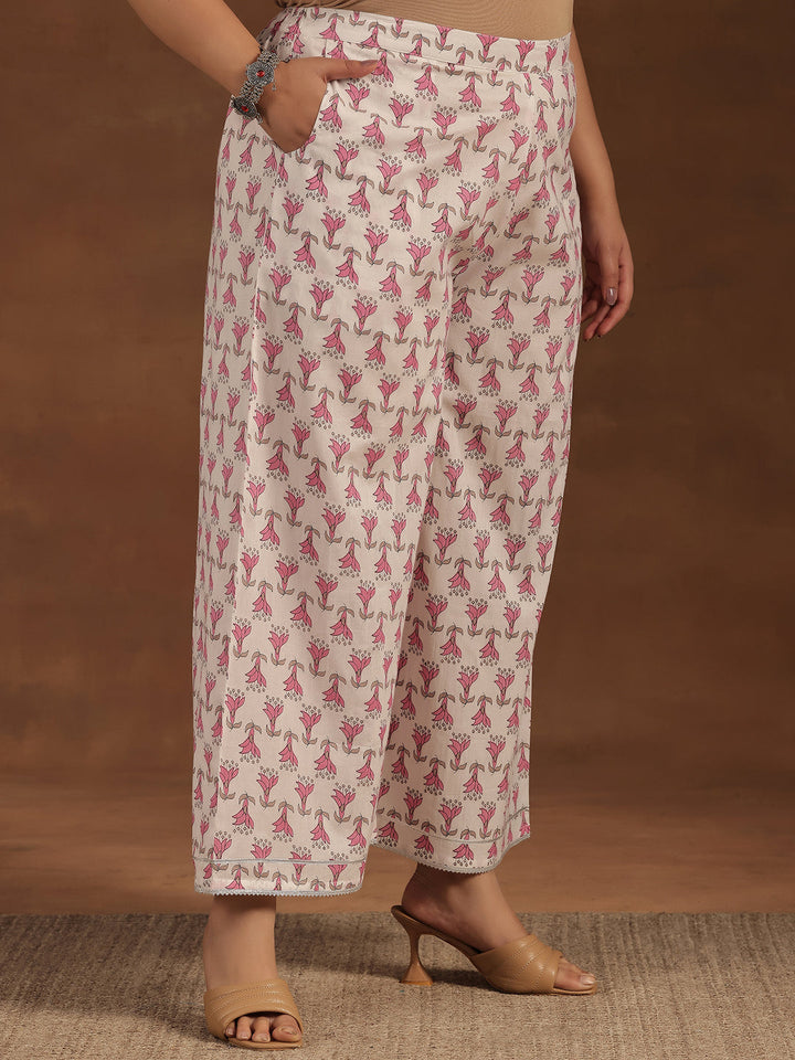 Plus Size Pink Printed Cotton Straight Suit With Dupatta