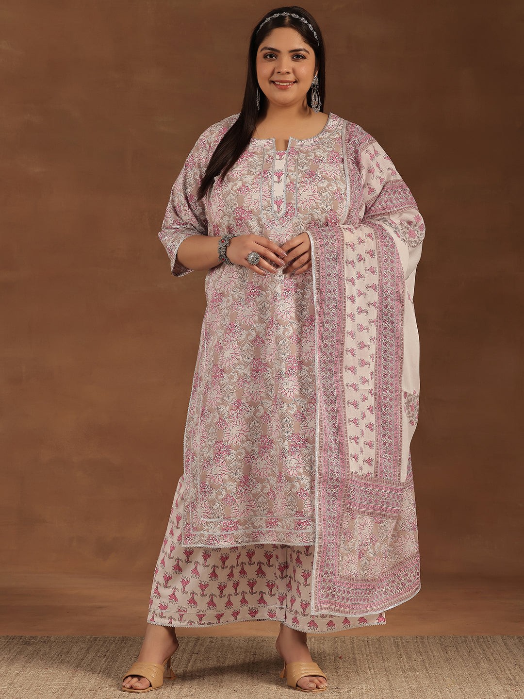 Plus Size Pink Printed Cotton Straight Suit With Dupatta