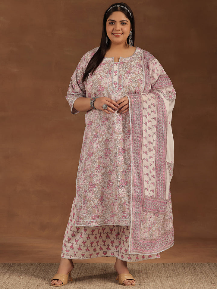 Plus Size Pink Printed Cotton Straight Suit With Dupatta