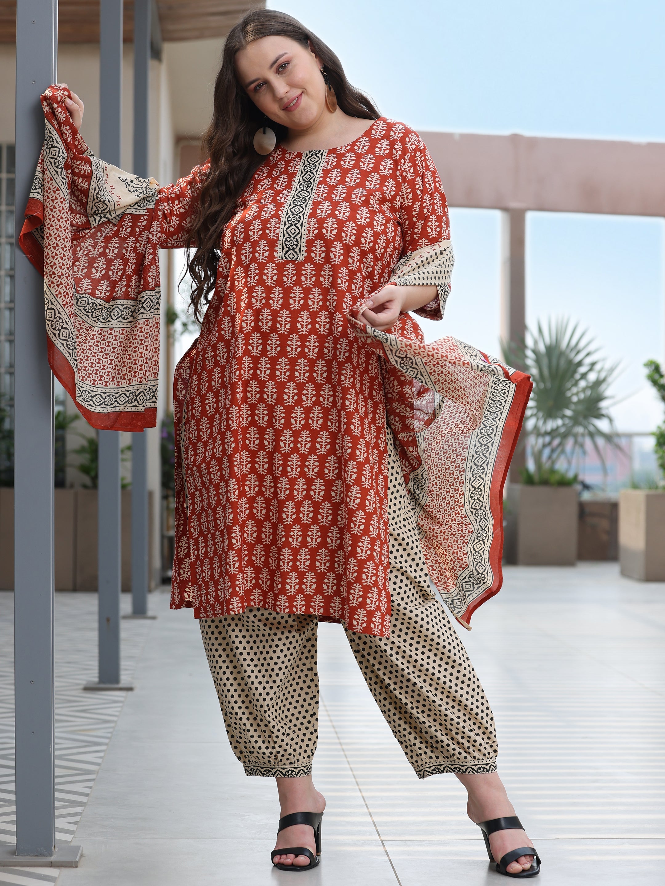 Plus Size Maroon Printed Cotton Straight Suit Set With Dupatta