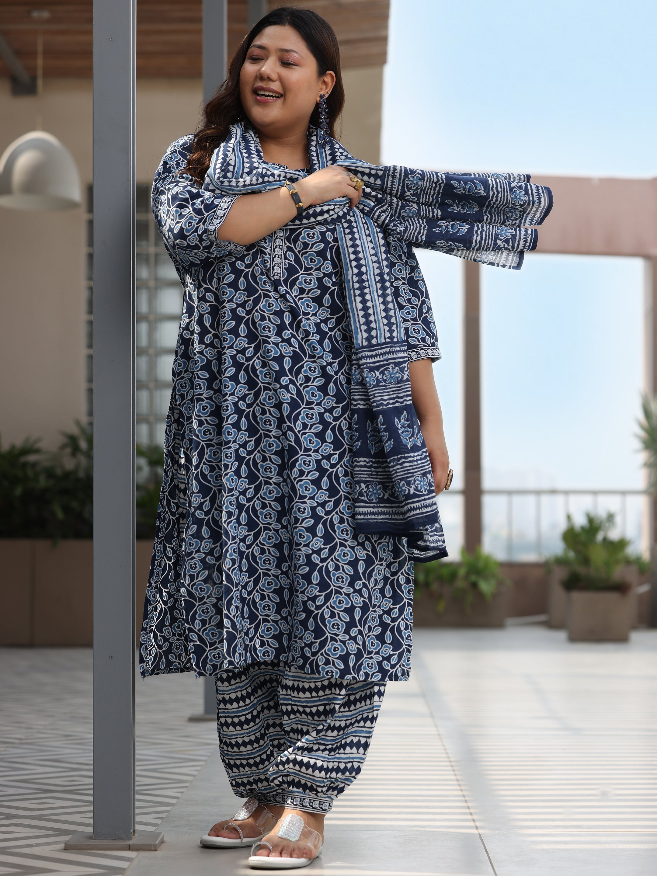 Plus Size Yellow Printed Cotton Straight Suit Set With Dupatta